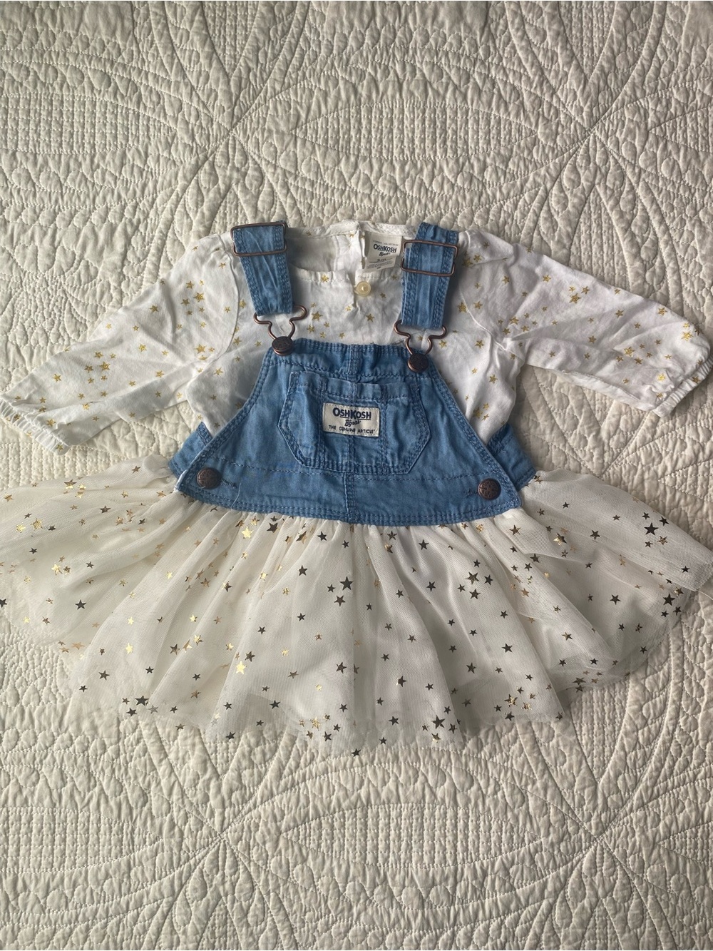 OshKosh B’gosh Denim Tutu Overall Dress & Gold Star Bodysuit Set | 3M